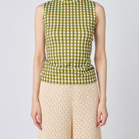 Gingham Check Print High Neck Sleeveless Top