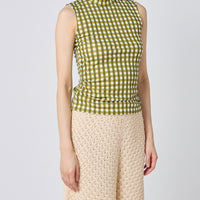 Gingham Check Print High Neck Sleeveless Top