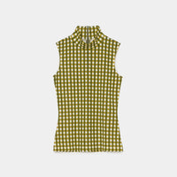 Gingham Check Print High Neck Sleeveless Top