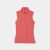 Gingham Check Print High Neck Sleeveless Top