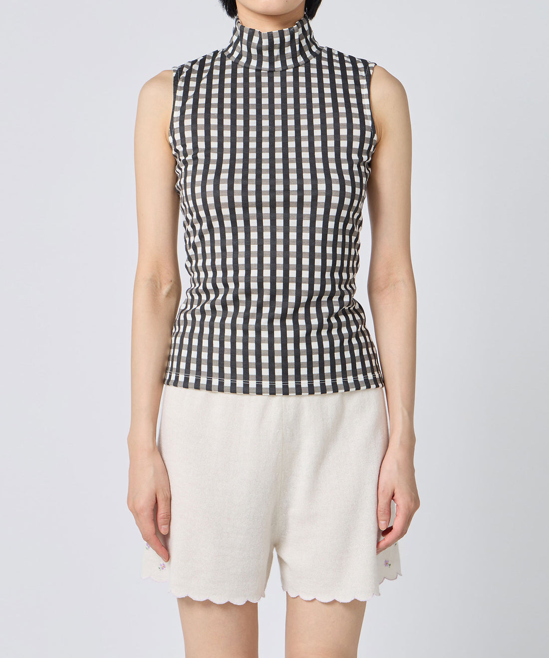 Gingham Check Print High Neck Sleeveless Top