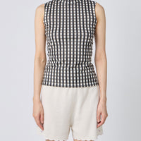Gingham Check Print High Neck Sleeveless Top