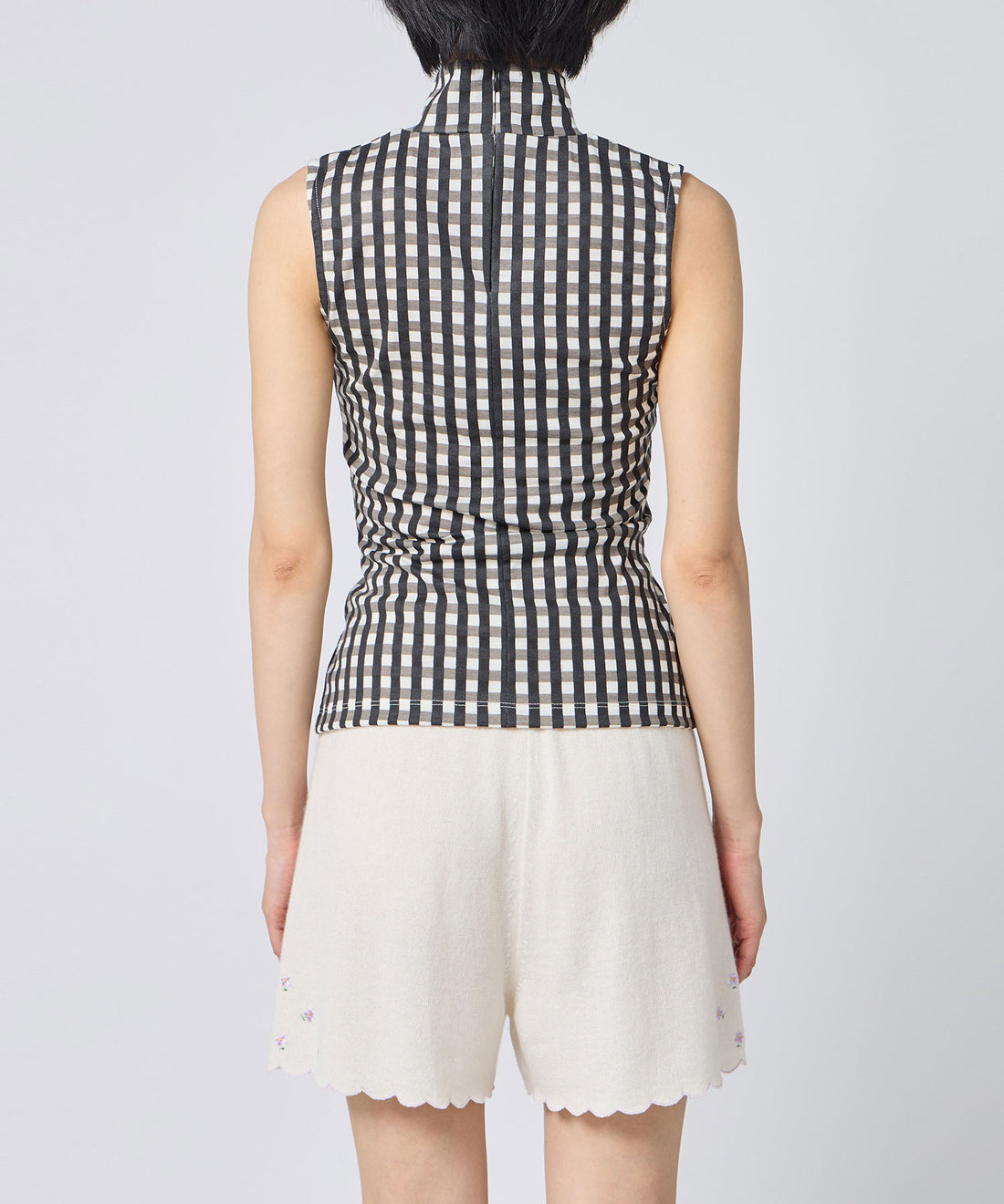 Gingham Check Print High Neck Sleeveless Top