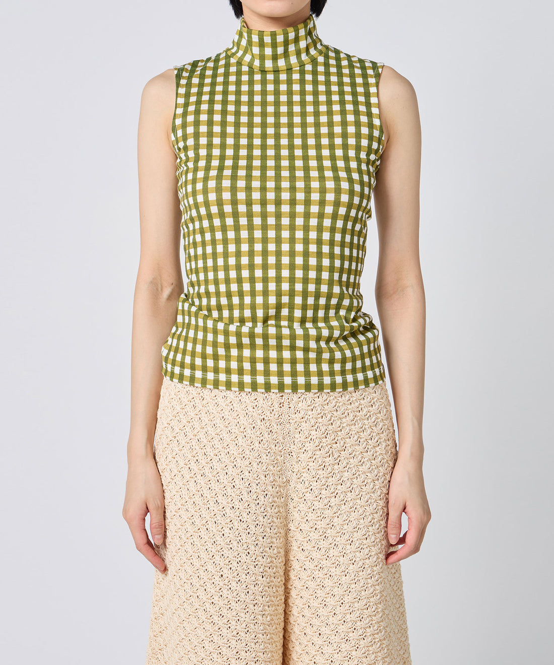 Gingham Check Print High Neck Sleeveless Top