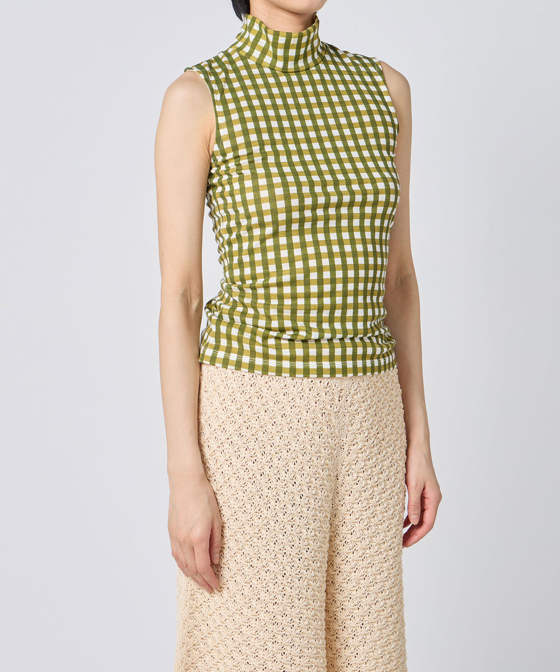 Gingham Check Print High Neck Sleeveless Top
