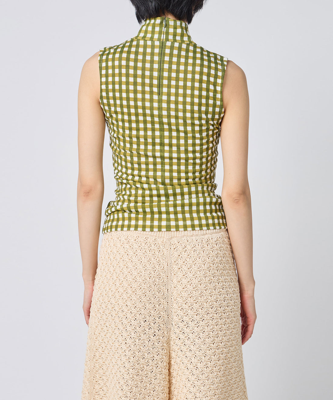 Gingham Check Print High Neck Sleeveless Top