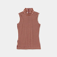 Gingham Check Print High Neck Sleeveless Top